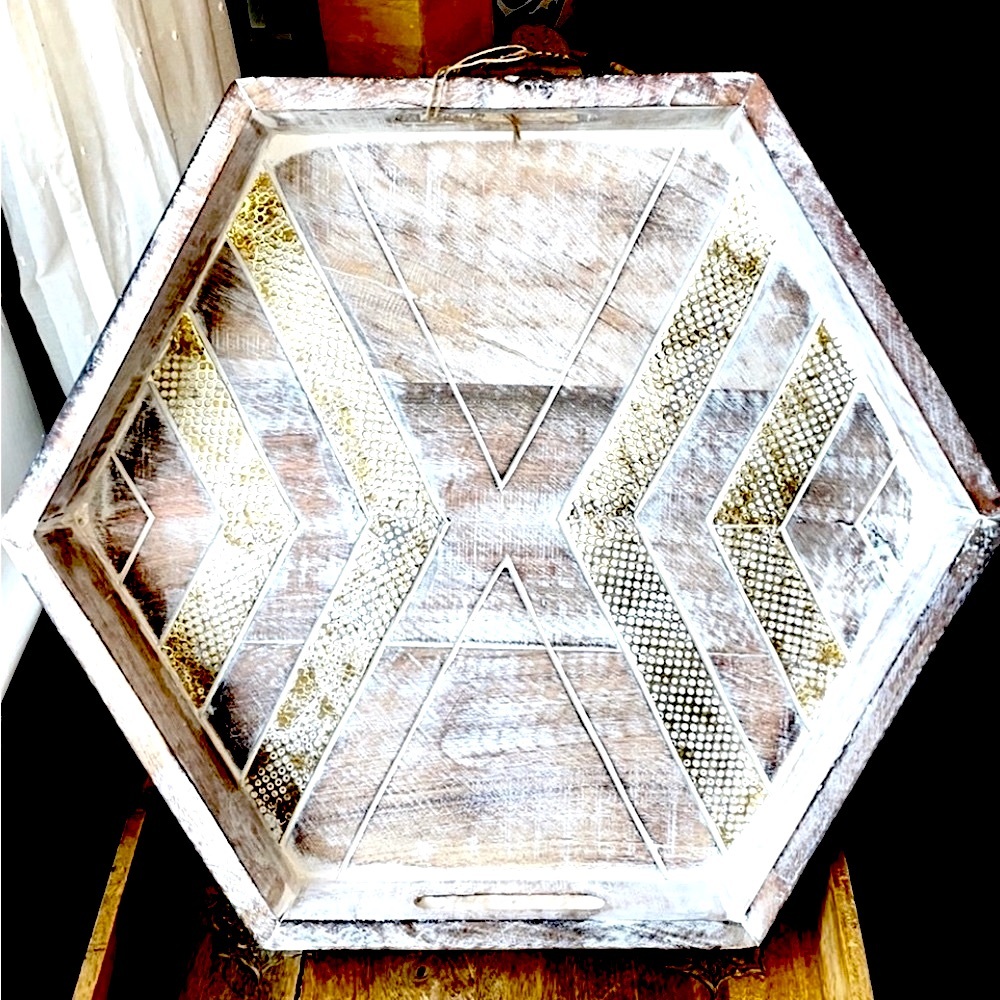 Unique Octagonal Distressed Natural Wooden Tray with Gold Accents ๐NWT! - Picture 4 of 16